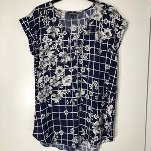 Express Windowpane Floral Navy & White Blouse